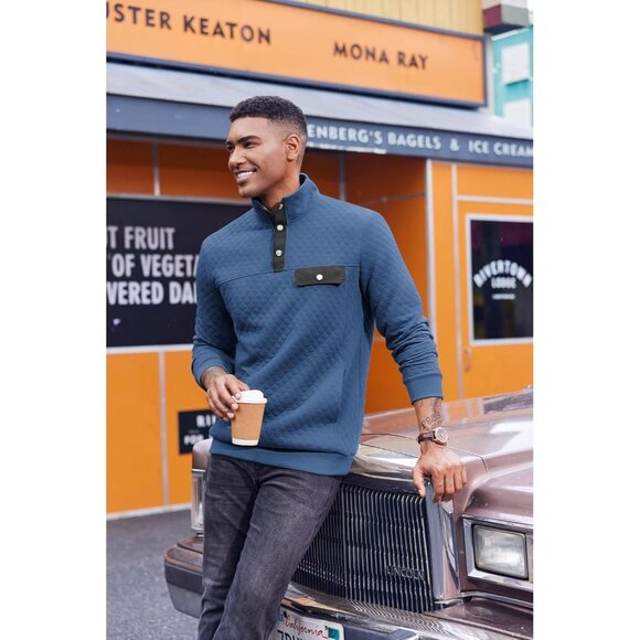 Men's Sweatshirt Quarter Button Pullover Sweatshirt Stand Collar Polo Blue - Picture 2 of 4